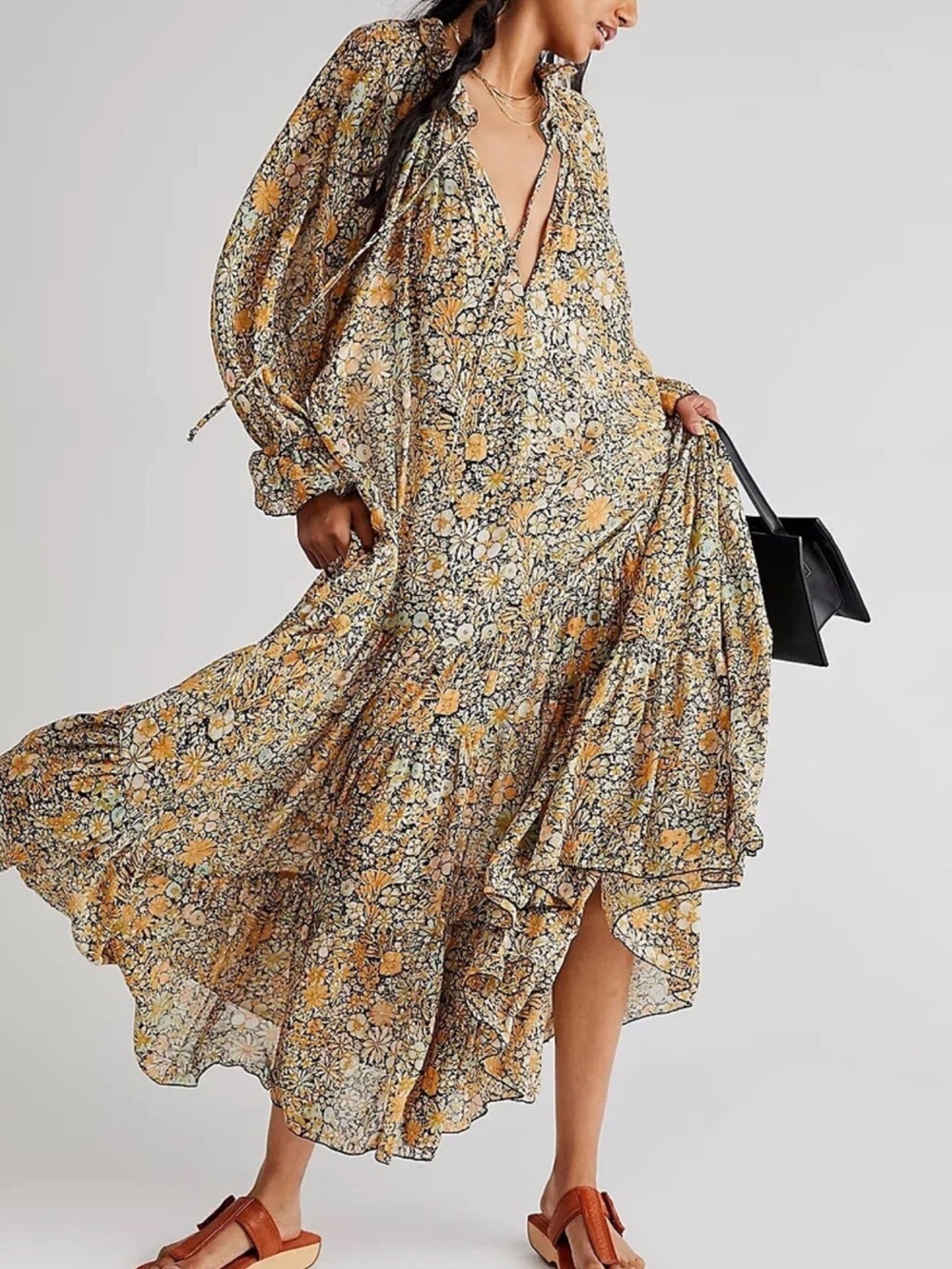 Free People Feeling Groovy Floral Boho Flowy Tiered Long Sleeve Maxi Dress sz XS